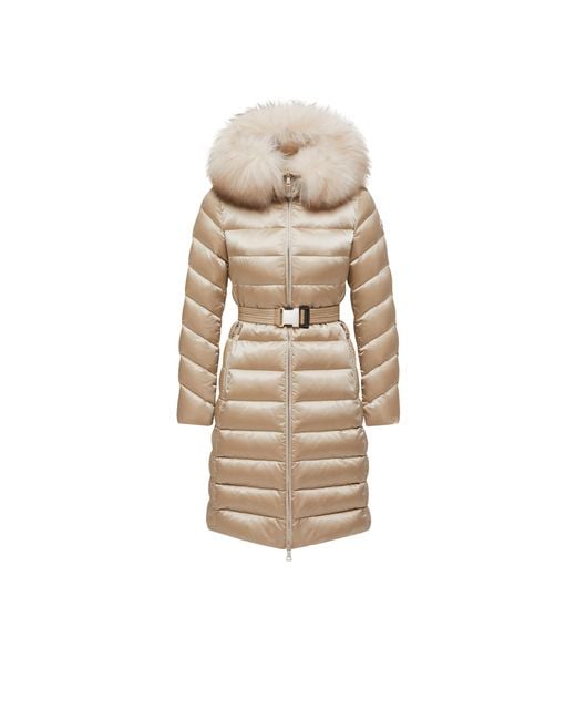 Moncler Natural Moncler Leersie Hooded Shearling-Trimmed Long Down Jacket