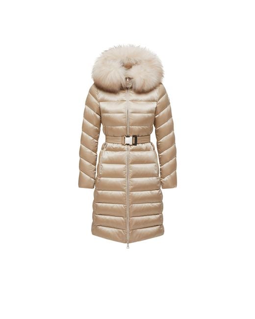 Moncler Natural Leersie Hooded Shearling-Trimmed Long Down Jacket