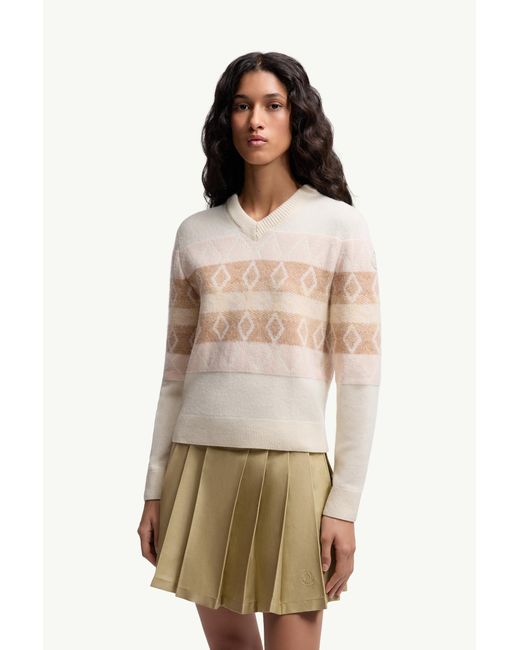 Moncler White Wool Jacquard V-Neck Sweater