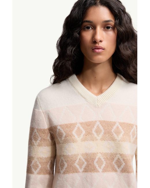 Moncler White Wool Jacquard V-Neck Sweater