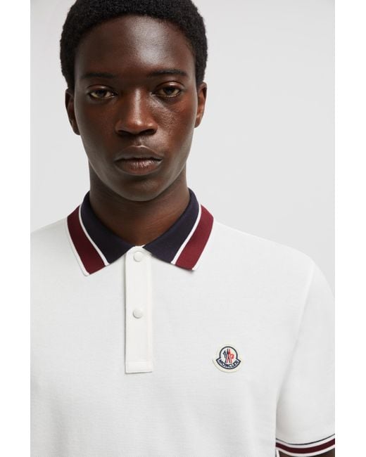 Moncler White Striped Collar Cotton Piquet Polo Shirt for men