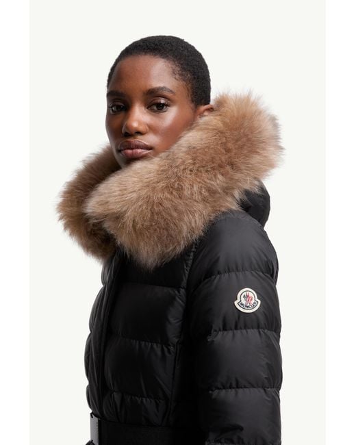 Moncler Black Khloesse Hooded Shearling-Trimmed Long Down Jacket