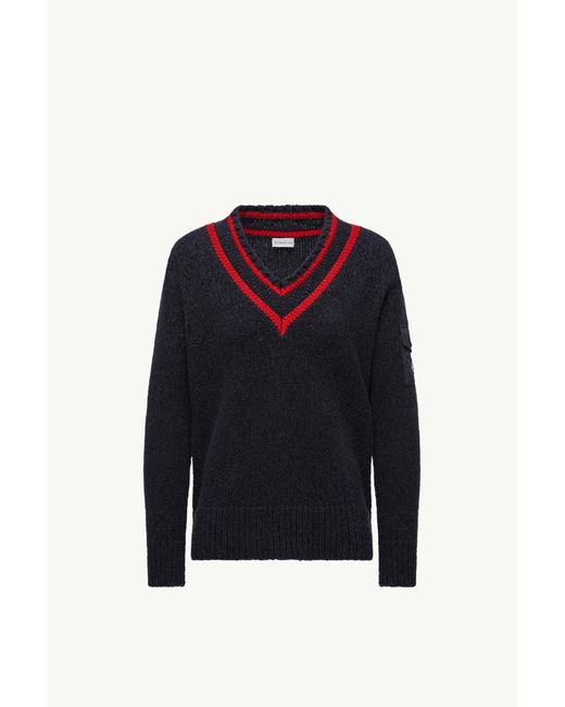 Moncler Blue Padded V-Neck Cotton & Wool Blend Jumper