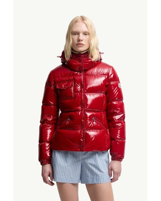 Moncler Red Glareins Braided Trim Hooded Short Down Jacket