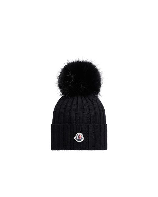 Moncler Black Moncler Wool Beanie With Faux Fur Pom Pom