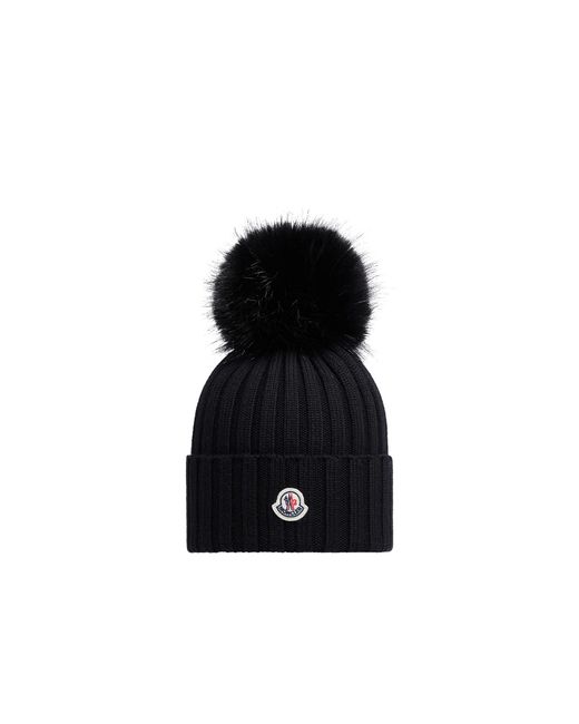 Moncler Black Wool Beanie With Faux Fur Pom Pom
