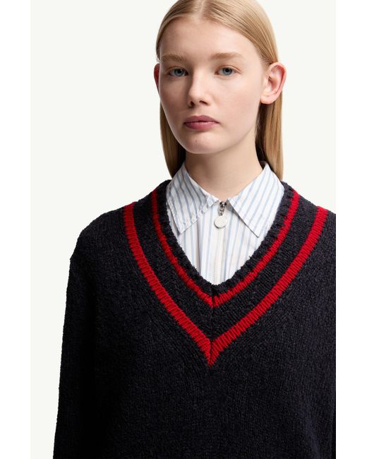 Moncler Blue Padded V-Neck Cotton & Wool Blend Jumper