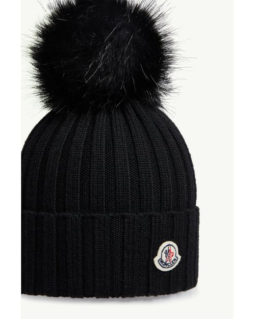 Moncler Black Wool Beanie With Faux Fur Pom Pom