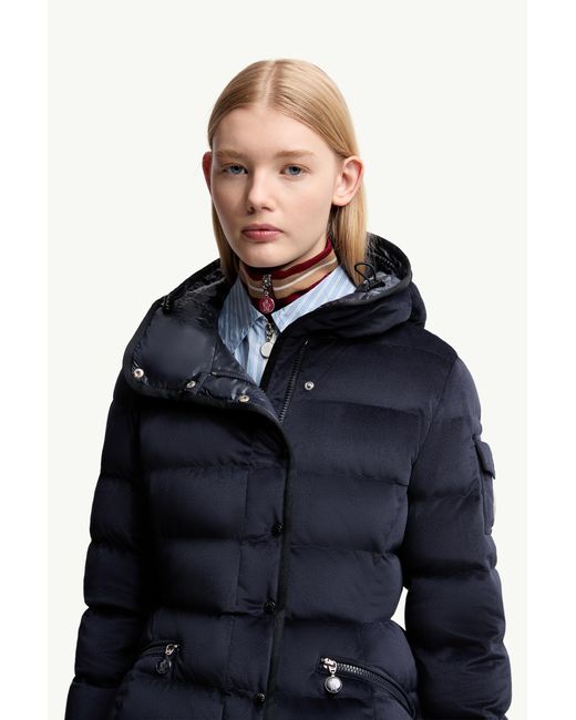Moncler Blue Barante Hooded Velour Short Down Jacket