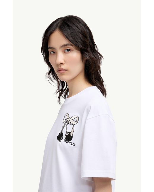 Moncler White Embroidered Cherry Logo Cotton T-Shirt