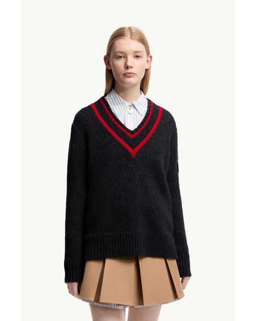Moncler Blue Padded V-Neck Cotton & Wool Blend Jumper