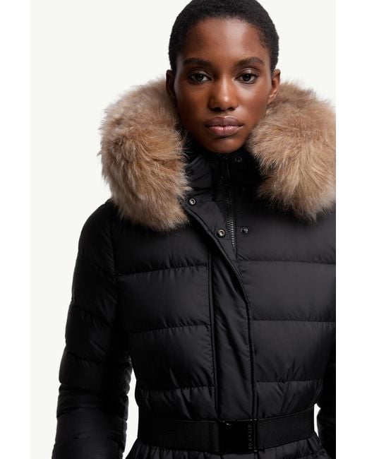 Moncler Black Khloesse Hooded Shearling-Trimmed Long Down Jacket