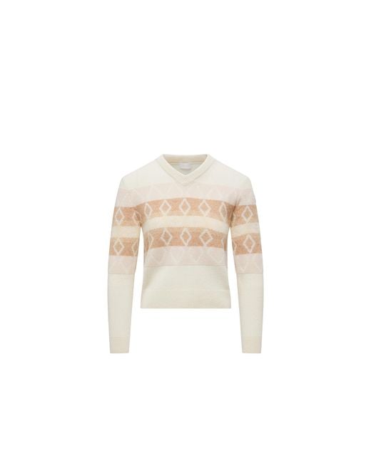 Moncler White Wool Jacquard V-Neck Sweater
