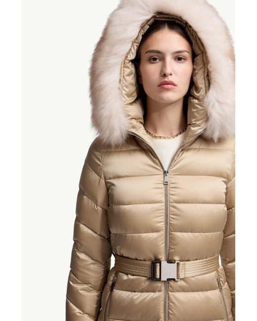 Moncler Natural Leersie Hooded Shearling-Trimmed Long Down Jacket