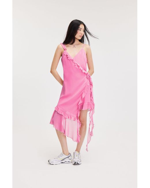 Monki Pink Asymmetric Ruffled Wrap Dress