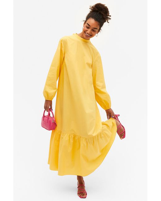 Monki Long Sleeve Yellow Dress With Neck Bow