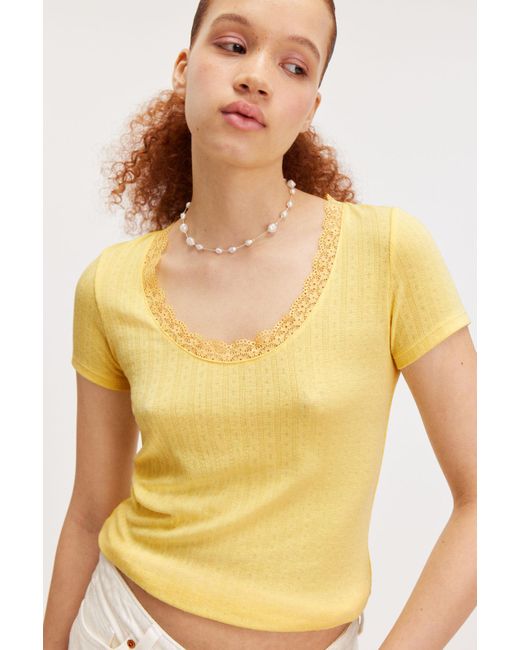Monki Yellow Fitted Short Sleeve Pointelle Top