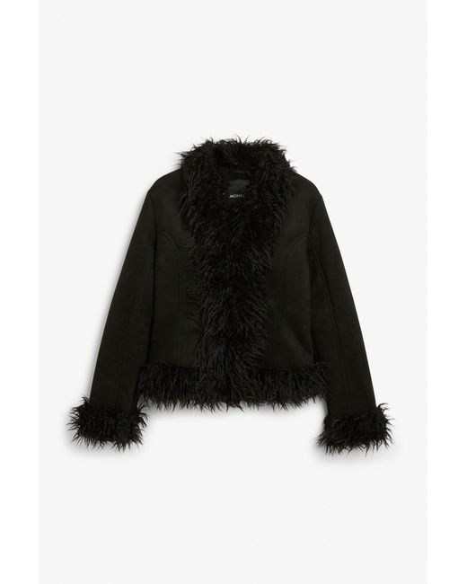 Monki Black Faux Fur Trimmed Coat