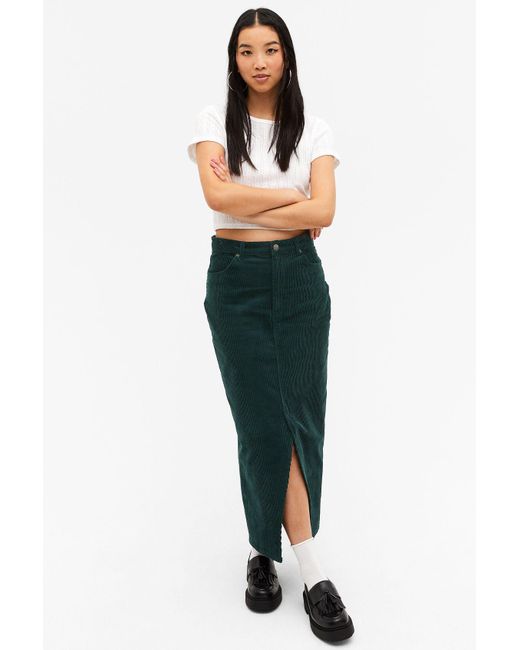 Monki Green Corduroy Midi Skirt
