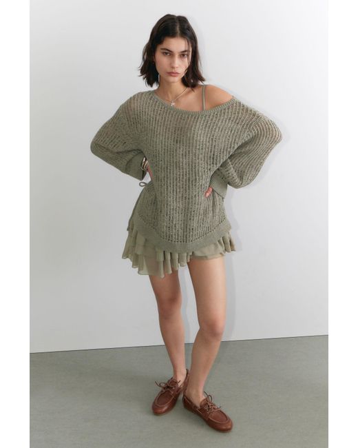 Monki Green Loose Open-Knit Side Slit Sweater