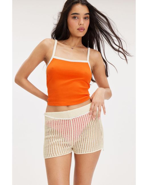 Monki Orange Open-knit Mini Cotton Shorts
