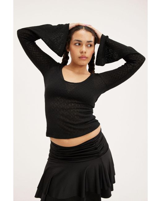 Monki Black Fine Knit Top With Bell Sleeves