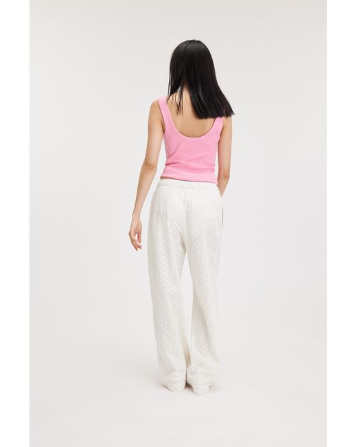 Monki Pink Straight Broderie Anglaise Cotton Trousers