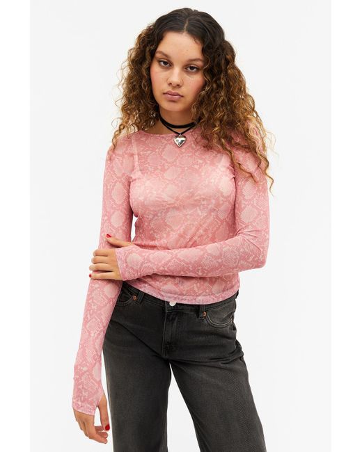 Monki Red Long Sleeve Mesh Top With Thumbholes