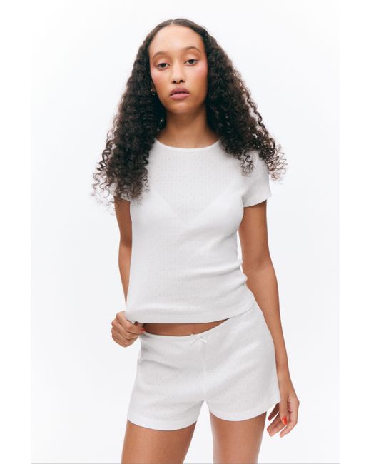 Monki White Soft Short-Sleeved Pointelle Top