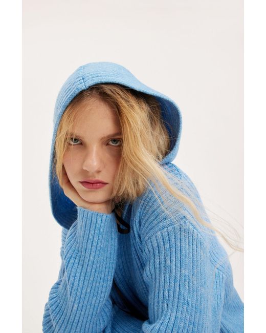 Monki Blue Rib Knit Wool Blend Hooded Sweater
