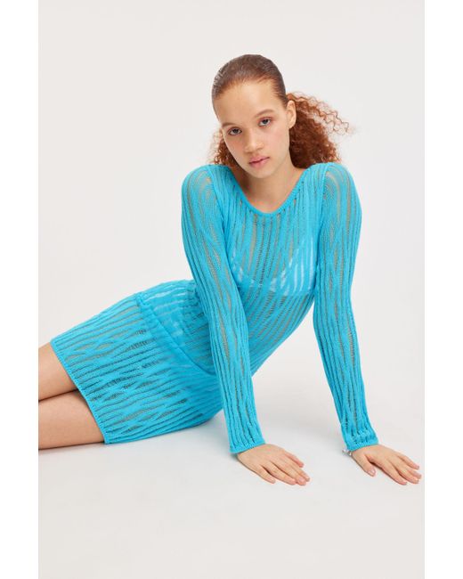 Monki Blue Open-knit Long Sleeve Midi Dress