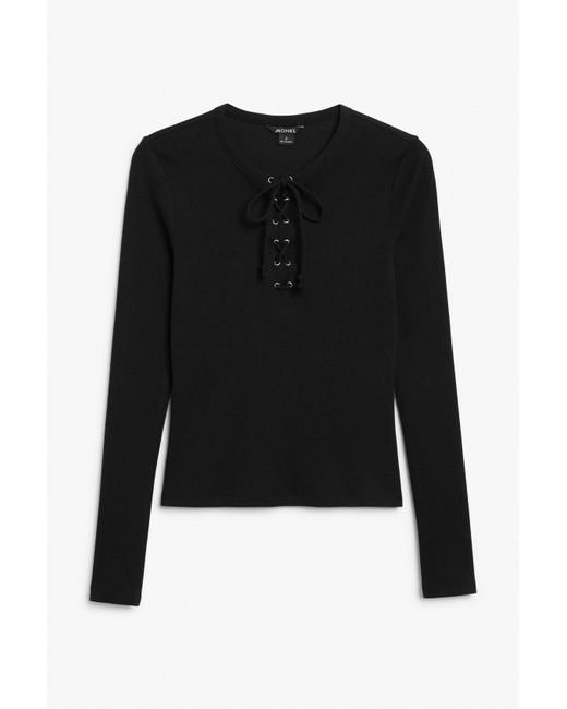 Monki Black Long Sleeve Top With Lace Tie Front