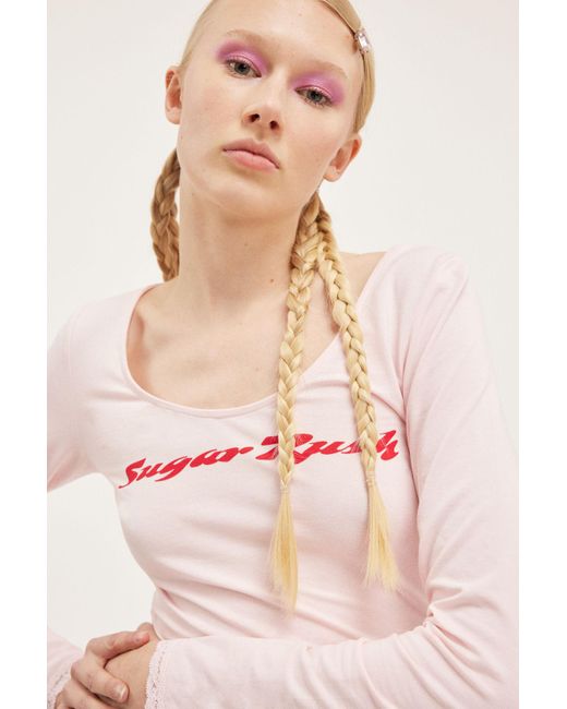 Monki Pink Long Sleeved Scoop Neck Top