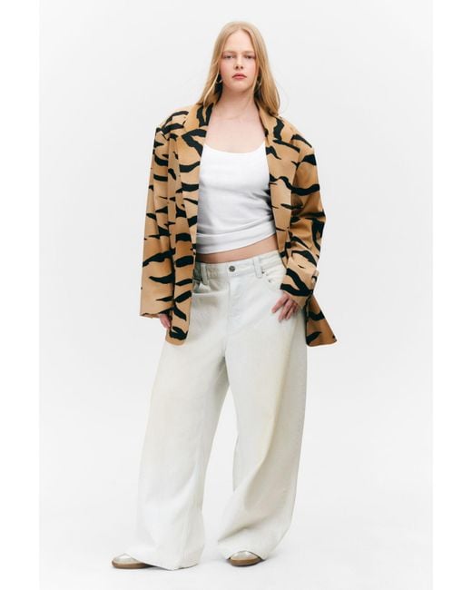 Monki Blue Single-Breasted Oversized Tiger Printed Blazer