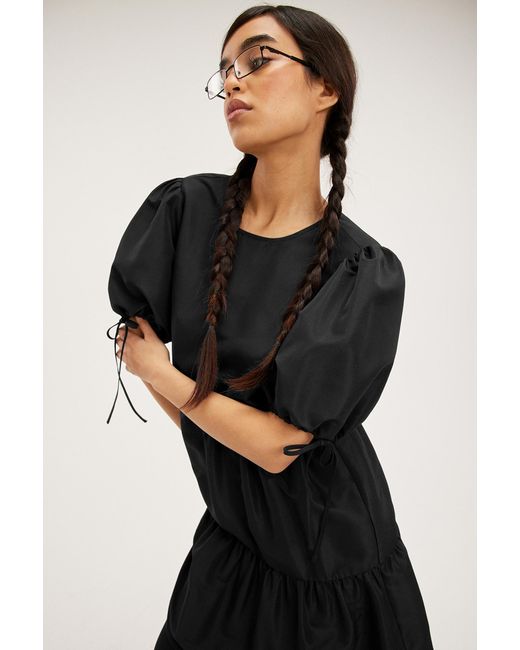 Monki Black Frilled Puff Sleeve Midi Dress