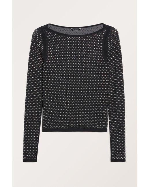 Monki Black Long Sleeved Mesh Rhinestone Top
