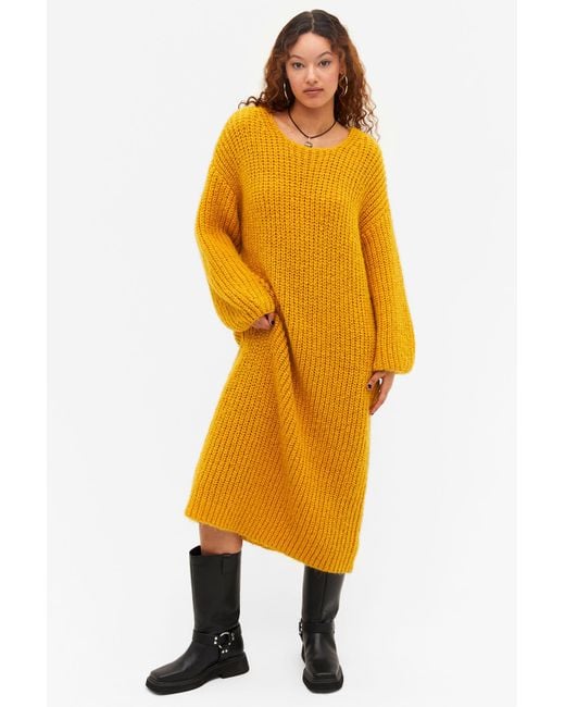 Monki Yellow Chunky Knit Long Sleeve Midi Dress