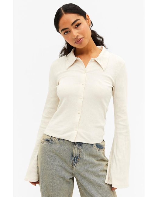Monki White Ribbed Shirt With Bell Sleeves