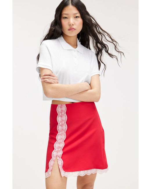 Monki Red Lace Trim Mini Skirt