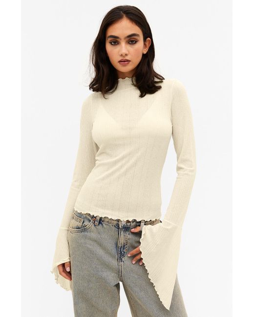 Monki White Ribbed Top With Bell Sleeves