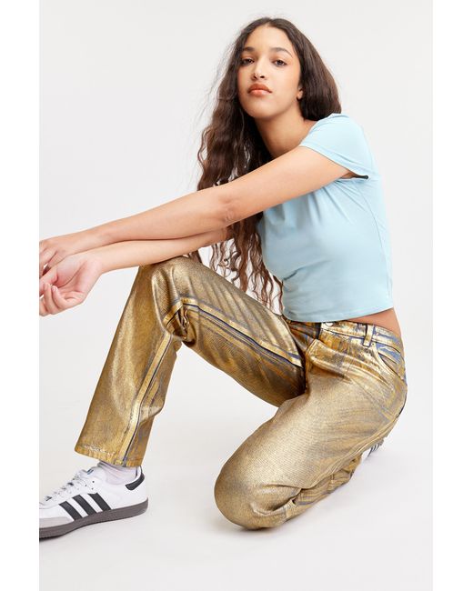 Monki Metallic Moop Mid Waist Golden Jeans