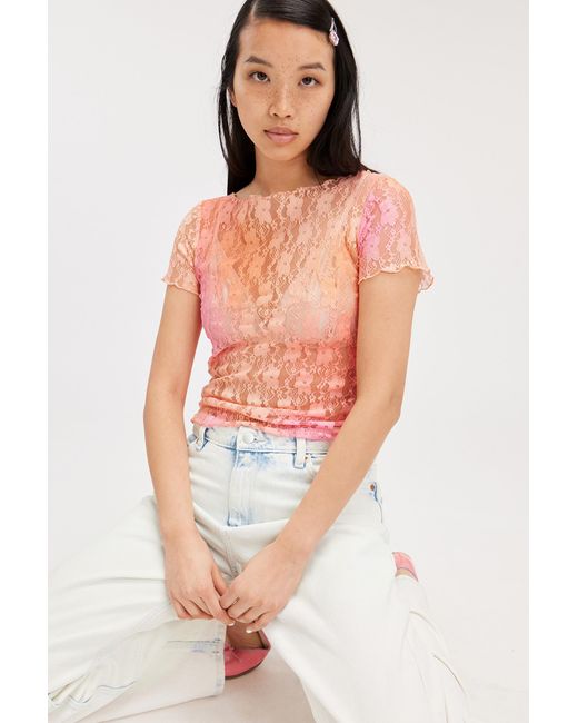 Monki Pink Fitted Lace Short Sleeve Top