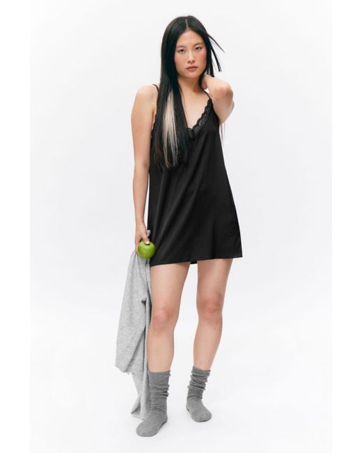 Monki Black Mini Lace Satin Slip Dress