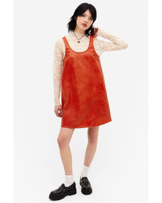 Monki Red Pinafore Faux Leather Mini Dress