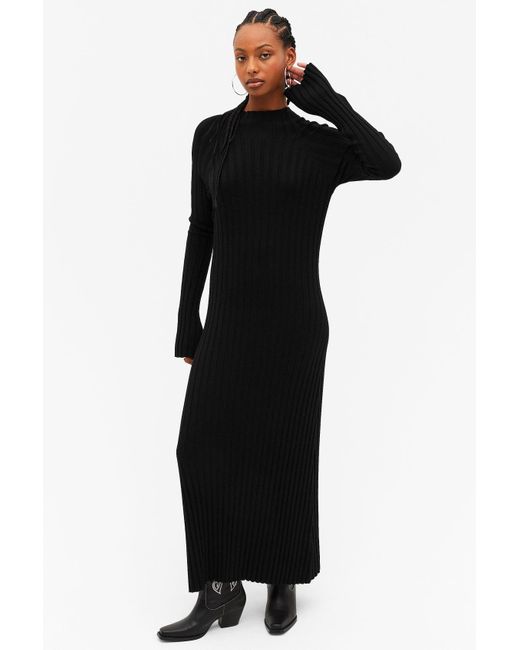 Monki Black Long Sleeved Rib Knit Maxi Dress