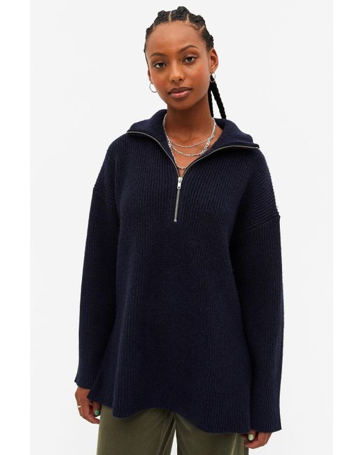 Monki Long Half Zip Knit Sweater in Blue | Lyst UK