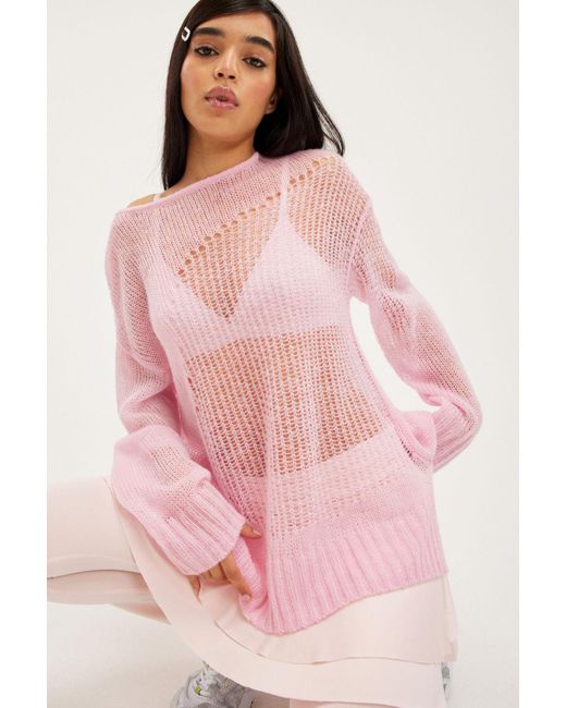 Monki Pink Open Knit Loose Distressed Sweater