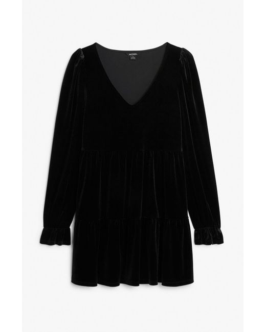 Monki Black V Neck Velvet Babydoll Dress