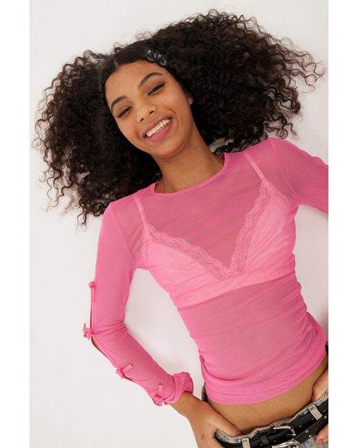 Monki Pink Long Sleeved Bow Mesh Top