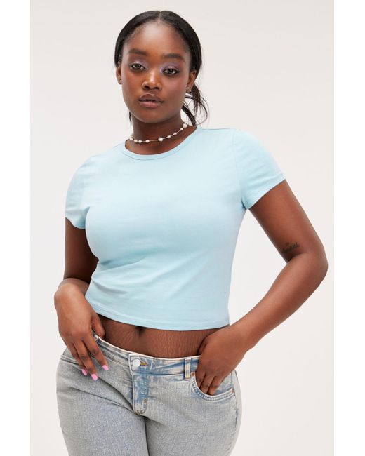 Monki Blue Cropped Fitted Cotton T-shirt
